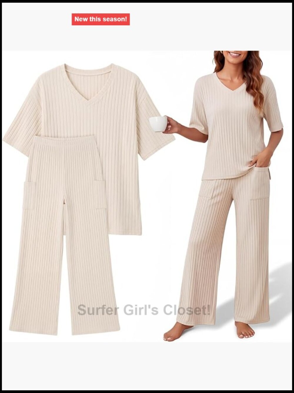 Ribbed 2 Piece Lounge Set Short Sleeve Top Wide Leg Pant with Pockets